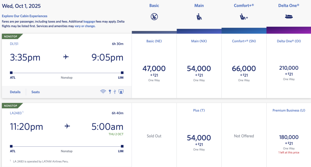 Atlanta- Lima award flights via Delta